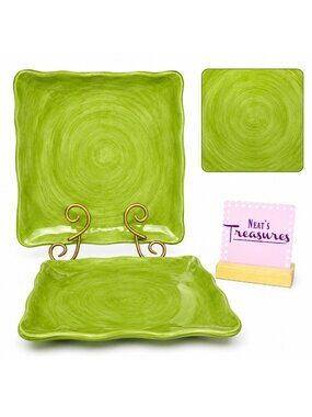 Tabletops CAMPAGNOLO SPEARMINT  Green Hand Painted Ceramic Dinner Plates Set 2